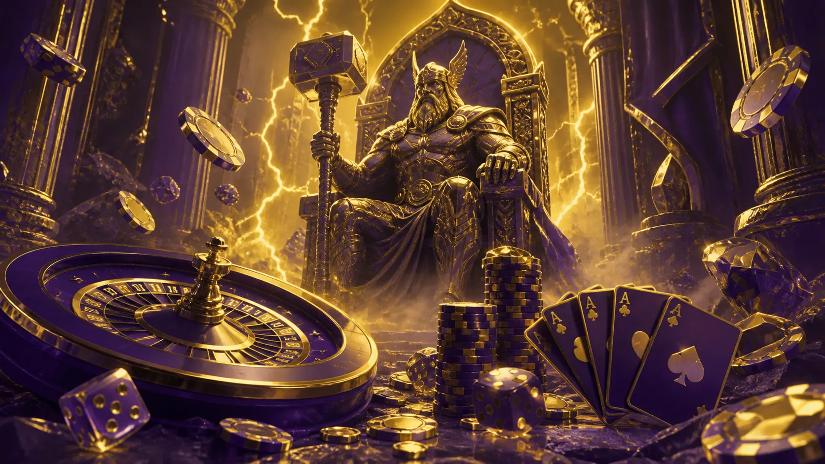Luxurious casino-themed hero banner for Thorfortune with poker chips, playing cards, and roulette wheel in dynamic compositio