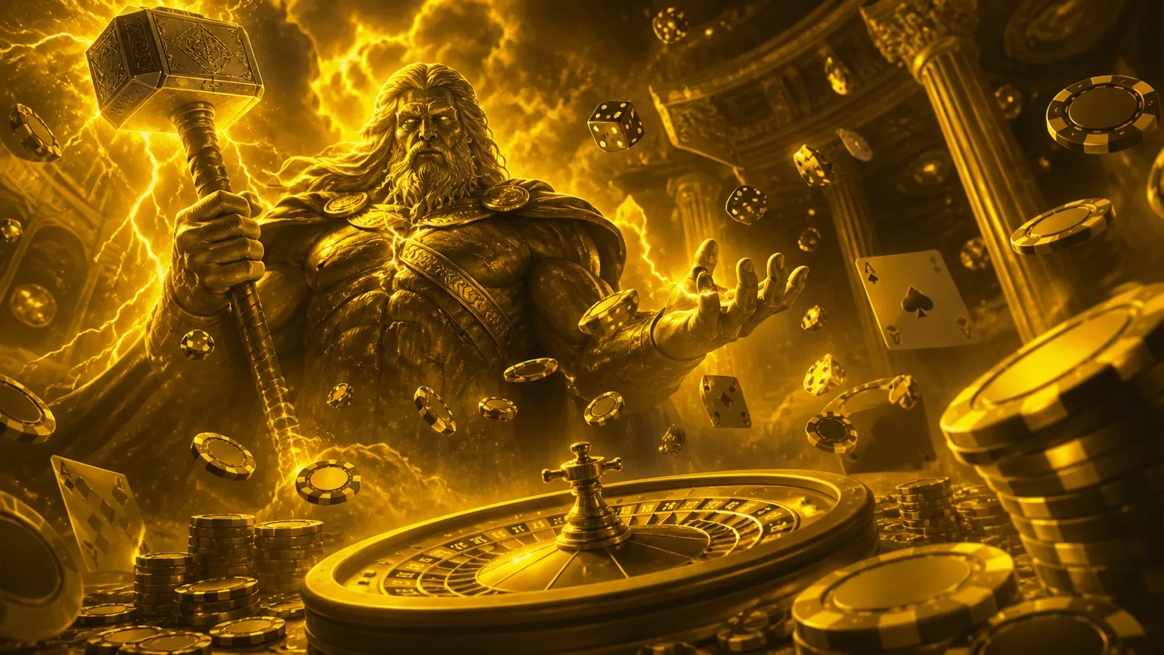 Luxurious casino hero banner for Thorfortune; depicts a fantasy-inspired scene with floating poker chips and glowing dice usi